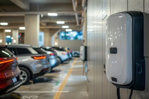 Wall mounted EV charger in an urban apartment complex parking area with several electric vehicles connected