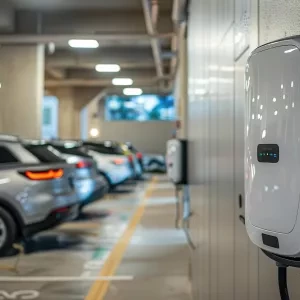 Wall mounted EV charger in an urban apartment complex parking area with several electric vehicles connected